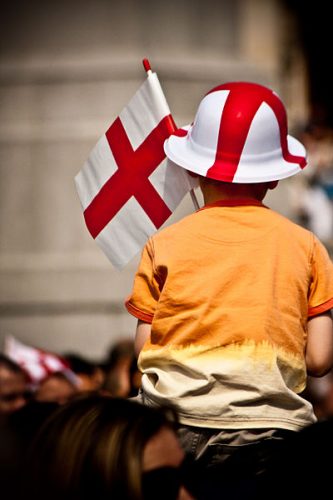 Child wearing Saint George's Cross hat